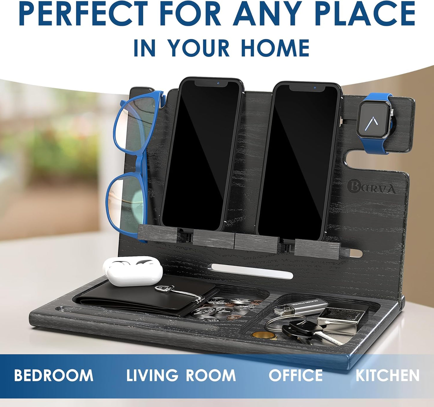 BarvA Two Phone Docking Station | Night Stand Desk Organizer | Wood Nightstand Organizer | Tablet Smart Watch Earbuds Charging Station | Upgraded Dresser Phone Stand | Bed Room Decor Gifts for Men
