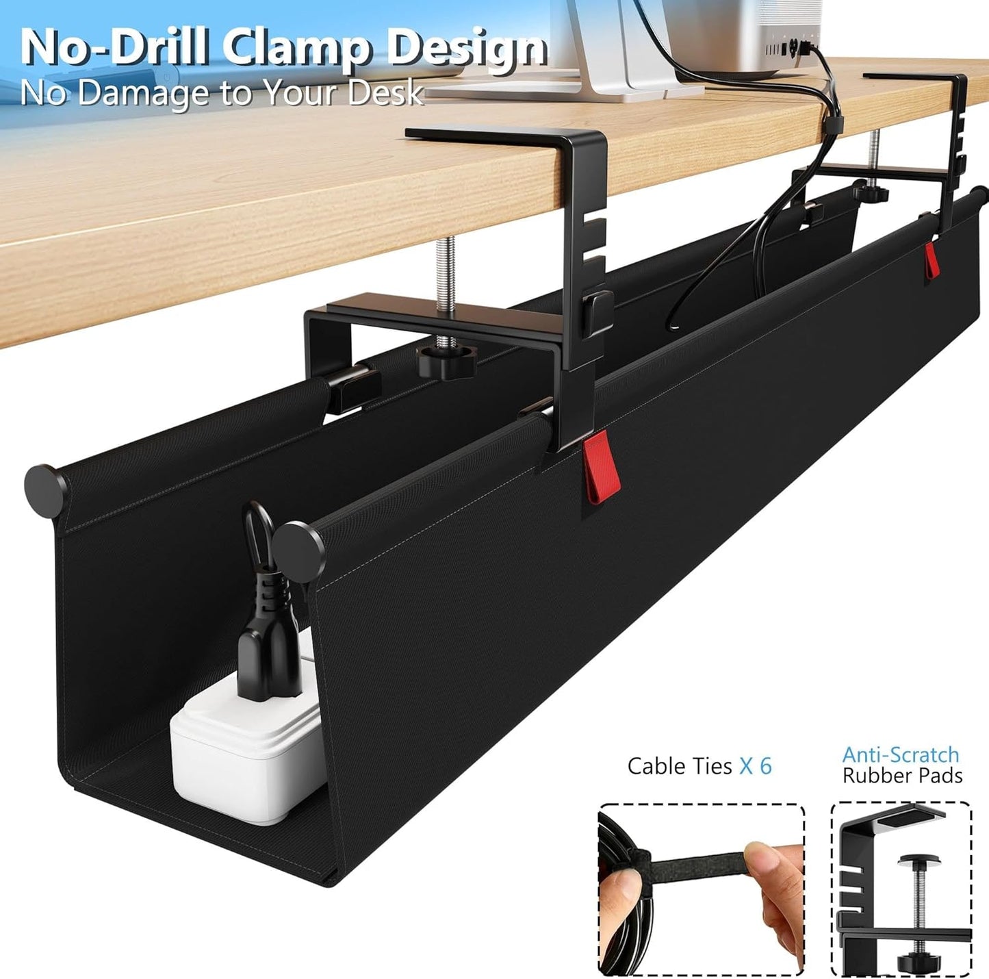 Litwaro Under Desk Cable Management Tray No Drill, 36" Cord Organizer with Clamp for Standing Desk, Premium Fabric Cable Tray with Wire Management for Office Home, Black
