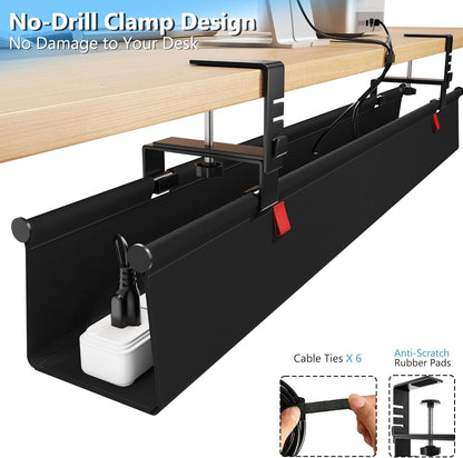 Litwaro Under Desk Cable Management Tray No Drill, 36" Cord Organizer with Clamp for Standing Desk, Premium Fabric Cable Tray with Wire Management for Office Home, Black