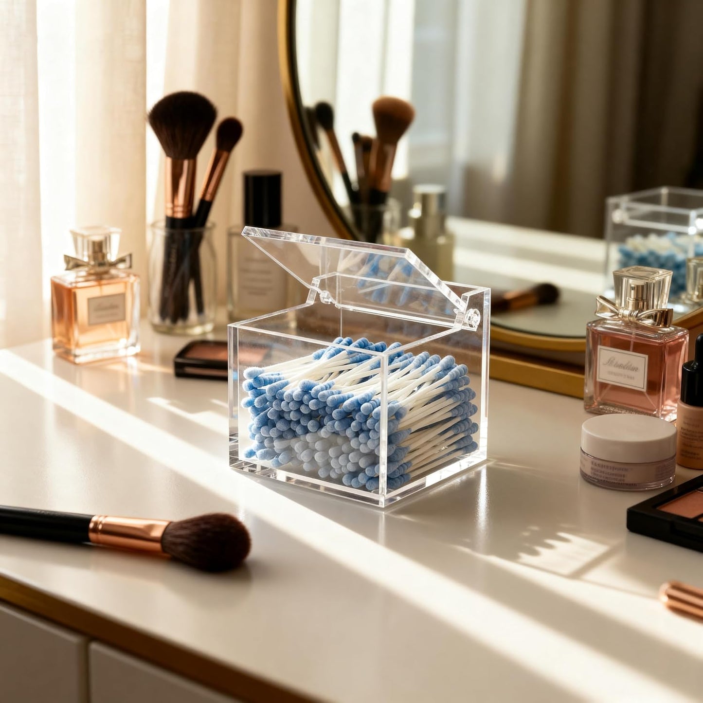 Clear Acrylic Cotton Swab Ball Holder Qtip Organizer with Lid 2-Grid Canister for Make Up Pads, Floss Picks, Vanity Storage,Bath Salts, Cosmetics, Home Bathroom Decor (DP004)