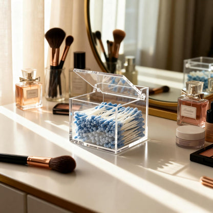 Clear Acrylic Cotton Swab Ball Holder Qtip Organizer with Lid 2-Grid Canister for Make Up Pads, Floss Picks, Vanity Storage,Bath Salts, Cosmetics, Home Bathroom Decor (DP004)
