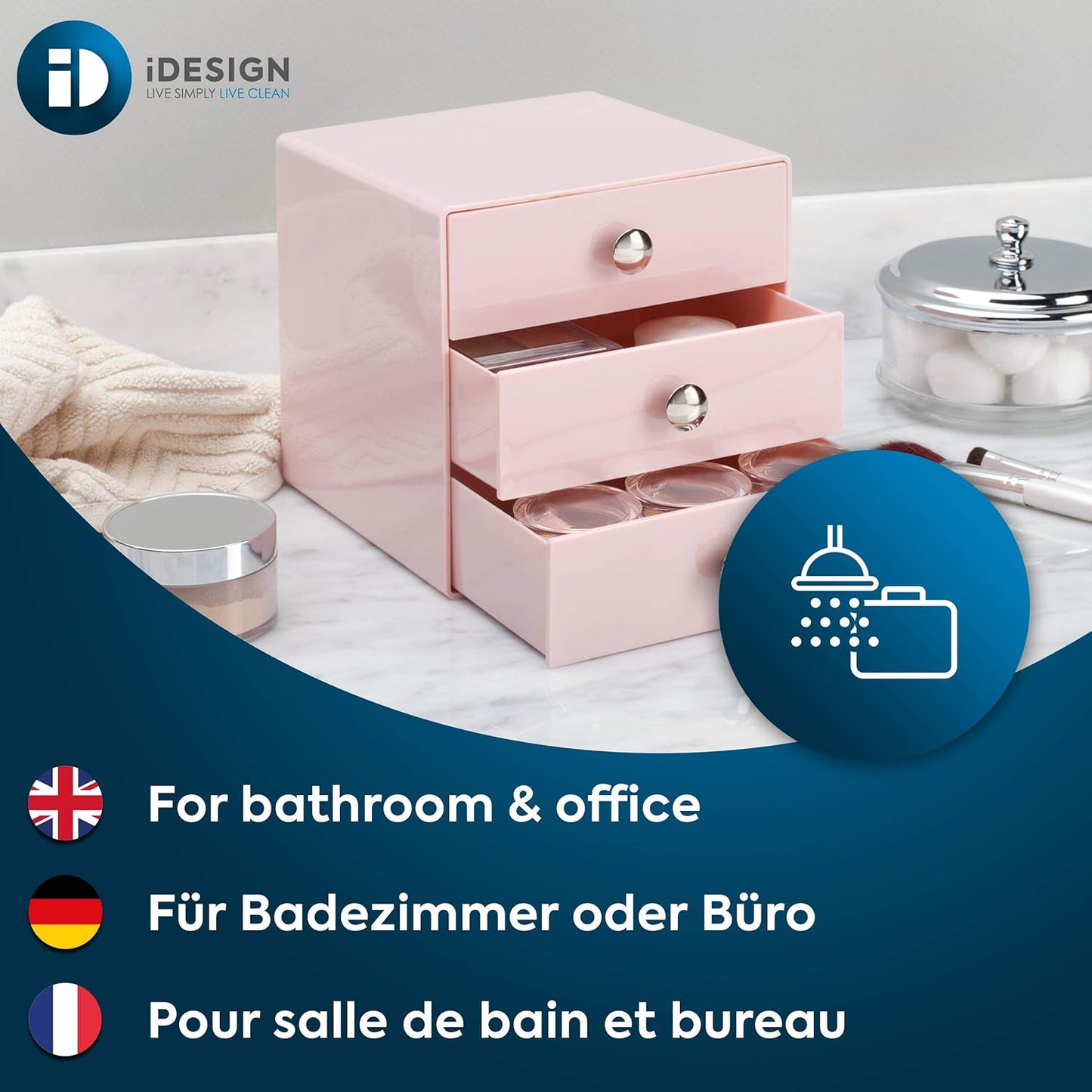 iDesign 3-Drawer Plastic Vanity Organizer, Compact Storage Organization Drawers Set for Cosmetics, Dental Supplies, Hair Care, Bathroom, Dorm, Desk, Countertop, Office, 6.5" x 6.5" x 6.5", White