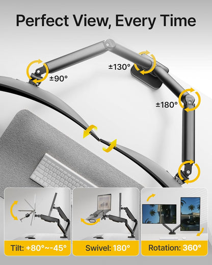 monTEK Laptop Arm Mount for Desk, 2-in-1 Monitor & Laptop Stand with Adjustable Laptop Tray, Fits Max 18" Notebook and 32" Screen, Aluminum Single Monitor Holder with VESA 75/100, Clamp/Grommet, Black