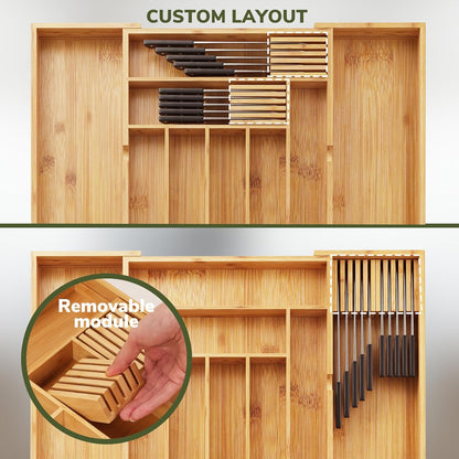 BAMEOS drawer organizer flatware organizer cutlery tray silverware organizer expandable adjustable bamboo drawer organizer kitchen bathroom