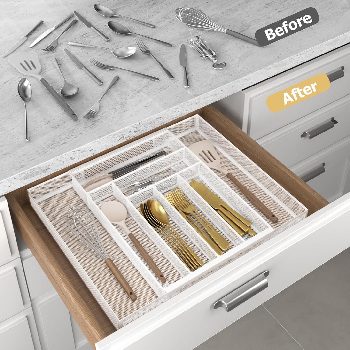 Sedegn Silverware Organizer Metal Mesh, Small Drawer Organizer, Utensil Cutlery Tray for kitchen drawers, Flatware Organizer with 5 Compartment, Black(9.3"*12.6")