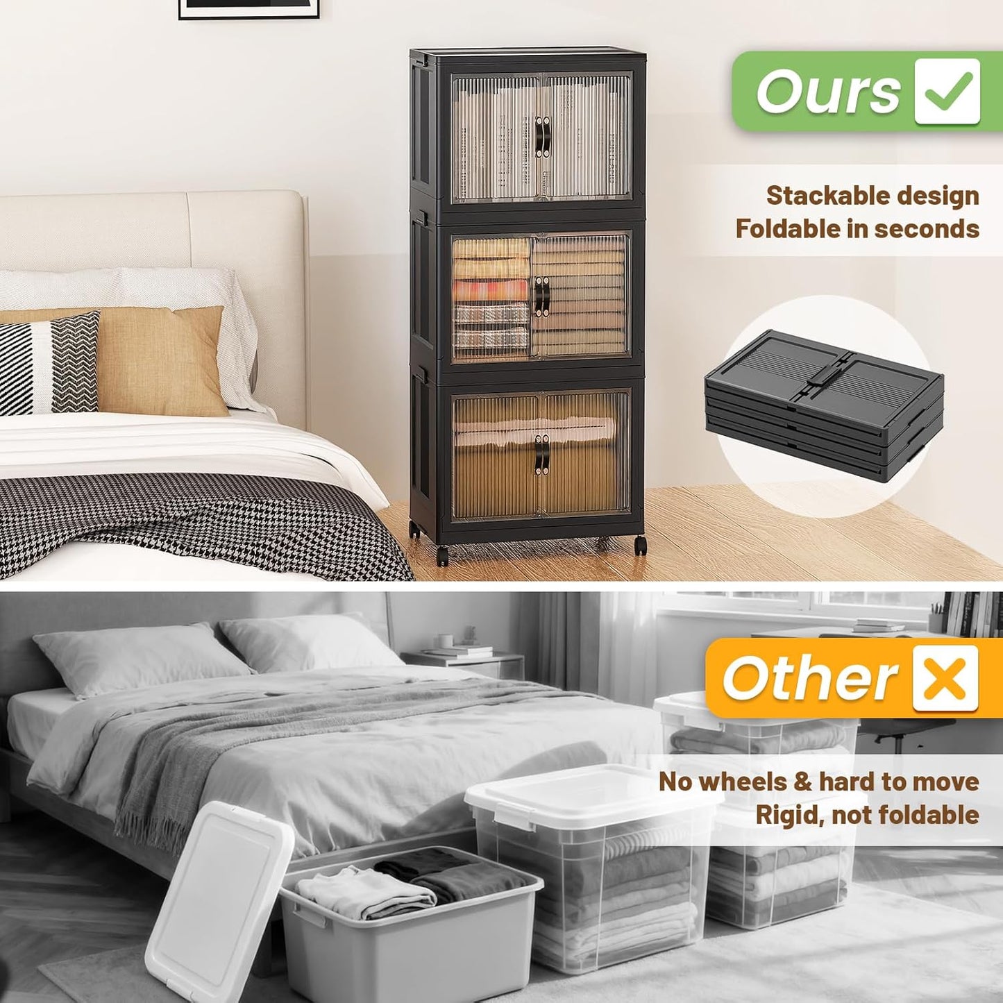SAILUN 145Gal/580Qt Collapsible & Stackable Storage Bins with Door & a Lid,Perfect for Blanket Storage, Pillow Organizer, Bedroom Closet & Living Room, Black 26" W x 17" D x 71" H