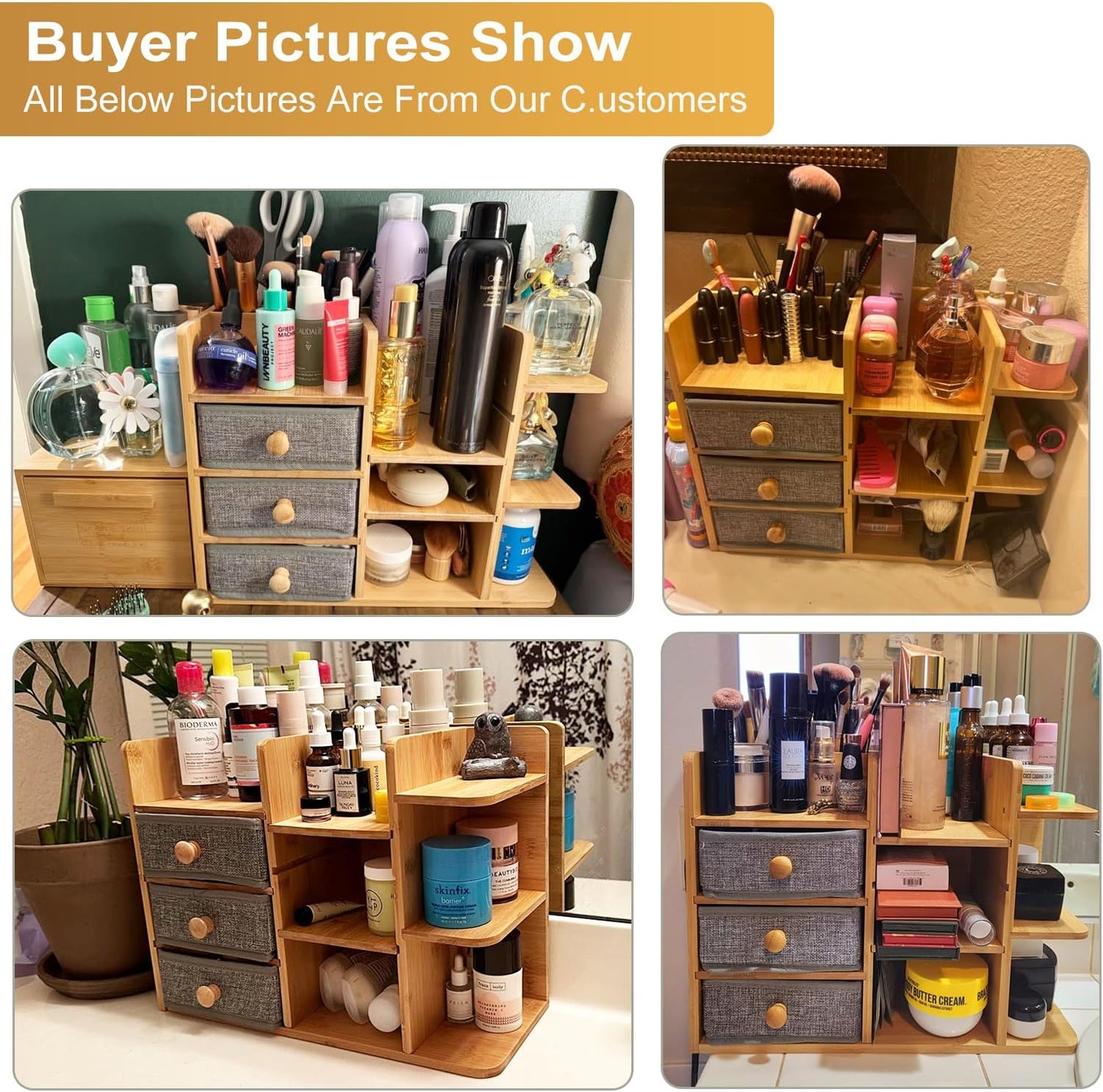 Large Makeup Organizer For Vanity, Large Capacity 3 Tiers Bamboo Bathroom Counter Organizers and Storage, Countertop Makeup Brush Holder, Nail Polish Perfume Stand with 3 Drawers and 10 Compartments