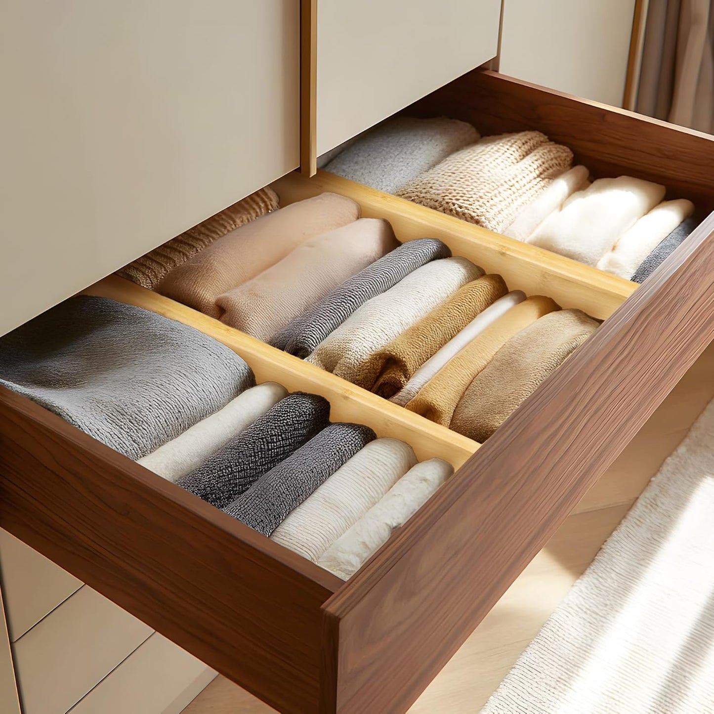 VaeFae Adjustable Bamboo Drawer Dividers, Expandable Drawer Organizer for Kitchen, Bedroom, Bathroom, Dresser and Office, 6-Pack