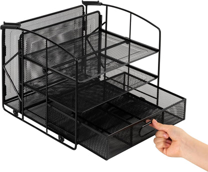 Amazon Basics Sturdy Rectangular Desktop Organizer with 3 Trays, Sliding Drawer and Hanging File Holder for Office Supplies, Black