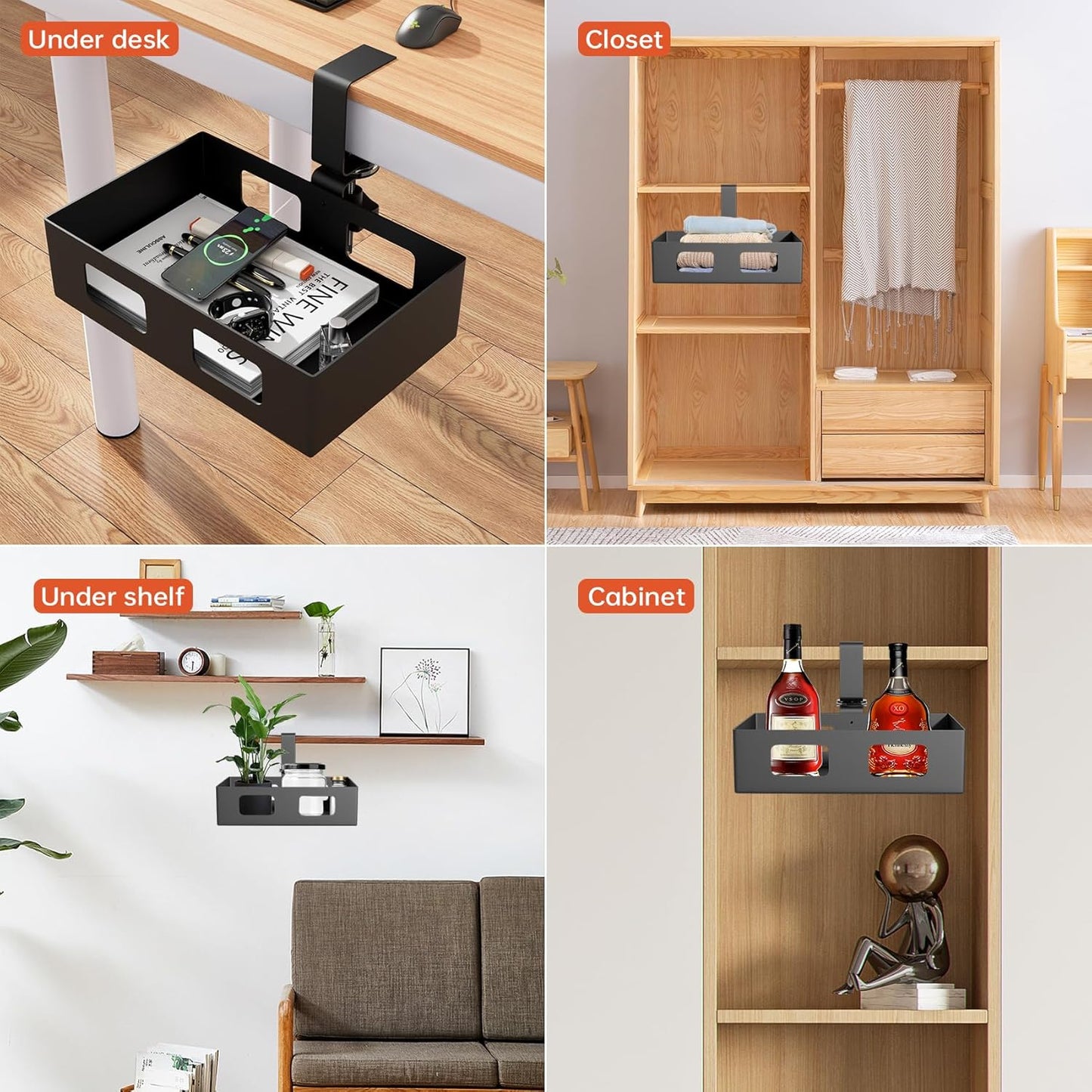 Clamp-on Side Desk Swivel Organizer, Under Desk Hidden Storage Drawer with Cable Hole, Hanging Desk Rotated Metal Basket for Extender Desk Space