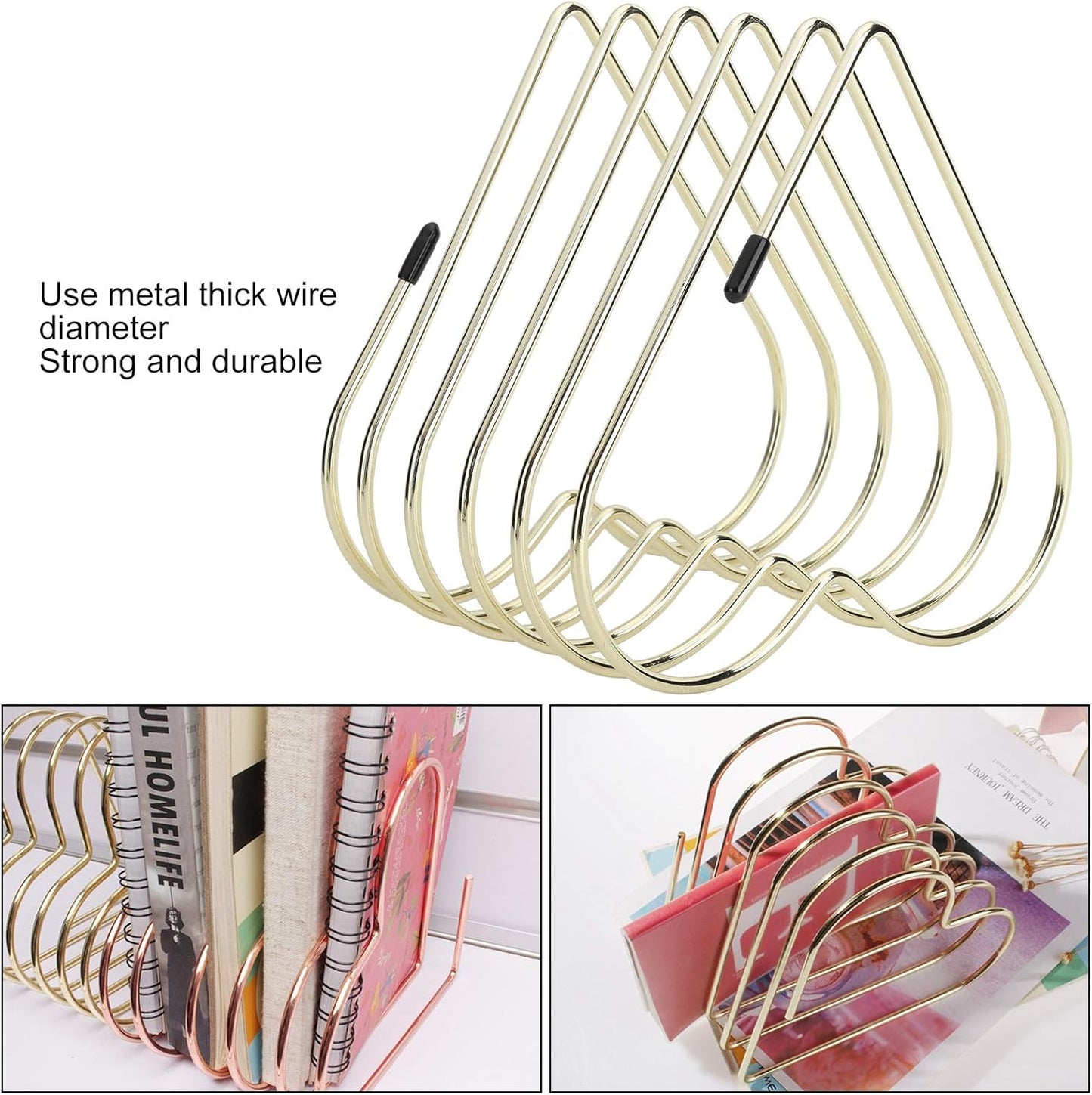 Folder Holder for Desk, Heart Shaped Desk File Organizer Vertical File Holder, 5 Slots Iron Gold File Holder, Telescopic Book File Organizer Stand for Desk File, Gold