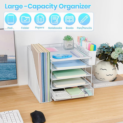 Desk Organizer, 5-Tier Paper Letter Tray Organizer with File Holder, Drawer and Pen Holder, Desktop Organizer for Office Supplies, Black