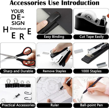 Gold Desk Accessories, Office Desk Organizers and Accessories 360°Pen Holder Acrylic Stapler Set, Phone Holder, Ballpoint Pen, Scissor, Binder Clips, Ruler, Transparent Glue, Sticky Note and Staples.