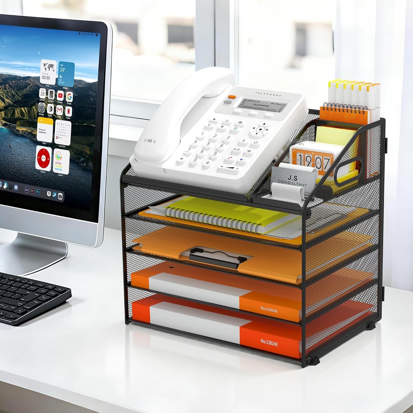 DocNest 4 Tier Metal Mesh Letter Tray - Space Saving Desk File Organizer with Handle, Pen Holder & Folder Holder - Desktop Document Sorter for Office, Home, School, Classroom - Black