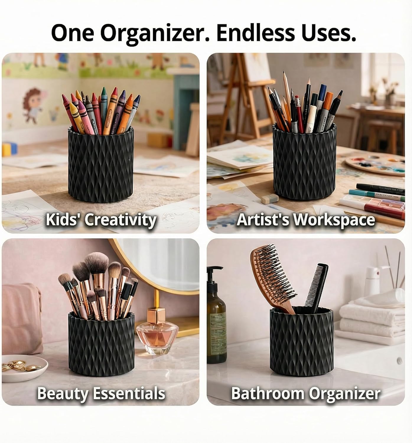 Black Pen Holder for Desk, 360° Rotating Pen Organizer with 5 Slots - Spinning Pencil Holder & Pencil Cup for Office, Art Supply, Makeup Brush - Desk Organizer for Home, School