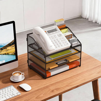 DocNest 4 Tier Metal Mesh Letter Tray - Space Saving Desk File Organizer with Handle, Pen Holder & Folder Holder - Desktop Document Sorter for Office, Home, School, Classroom - Black