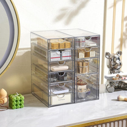 Prsildan Acrylic Makeup Organizer, 2 Pack Stackable Storage Drawers with 6 Drawers for Office Desk Vanity Craft Room Clear Drawer Organizers for Hair Accessories Art Supplies Cosmetics Modular System