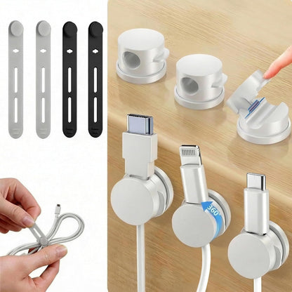 360° Rotatable Cord Organizer Set, 10 Pack Cable Holders & Silicone Cable Straps, Adhesive Wire Fixer for Desk Phone Charger, Nightstand Cable Management for Home Travel Office Accessories Black