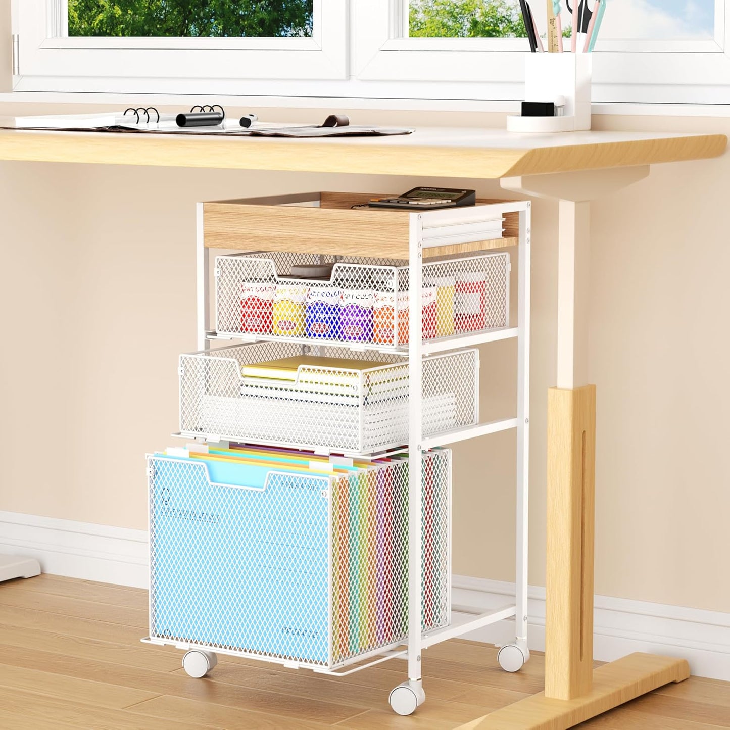 SWTYMIKI Rolling File Cart with Drawers - 4 Tier Under Desk Storage Craft Rolling Organizer Cart - Office Storage &Organization, Mobile Metal Filing Cabinet for Office and Home Espresso