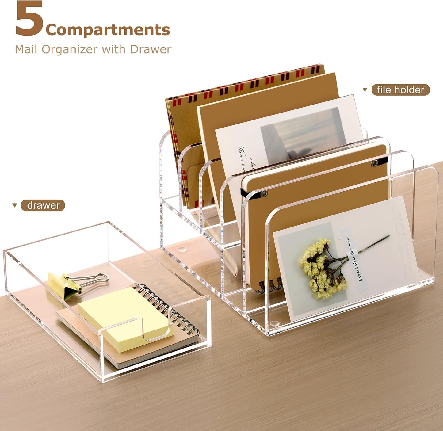 SANRUI 5 Compartments Acrylic Mail Sorter Holder, Clear Document Magazine Envelope File Rack, Vertical Letter Sorter & Multifunction Desk Organizer for Bills, Documents, Notebooks