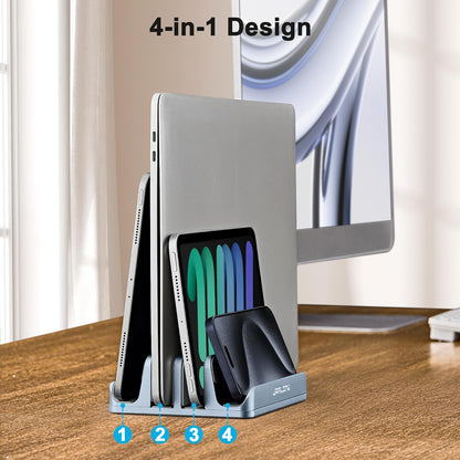JARLINK 4-in-1 Adjustable Vertical Laptop Stand Holder, Aluminum Dual Slots Laptop Rack for Desk, Space-Saving Organizer Compatible with All MacBook, Surface, Chromebook, and Gaming Laptops (Silver)