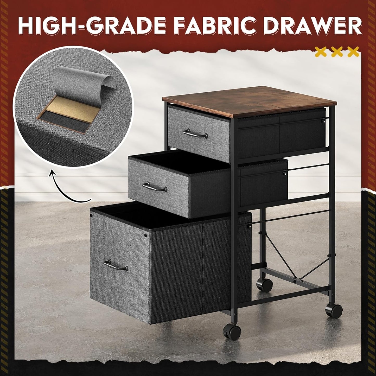DEVAISE Mobile File Cabinet, Rolling Printer Stand with 3 Drawers, Fabric Vertical Filing Cabinet fits A4 or Letter Size for Home Office, Black
