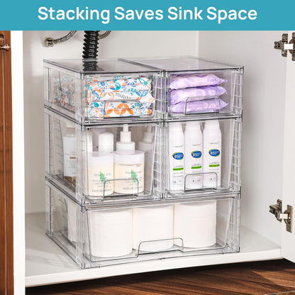 Vtopmart 3 Pack Stackable Storage Drawers, Easily Assemble Acrylic Bathroom Undersink Organizers,Clear Plastic Storage Bins for Closet,Cabinet,Pantry,Medicine Organization