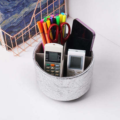 lizimandu Round Leather Art Supply Organizer,Remote Control Holder,360 Degree Spinning,Multi-Functional Pencil Holder,4 Compartments Desktop Stationary Organizer(1-Gold) - Colors A