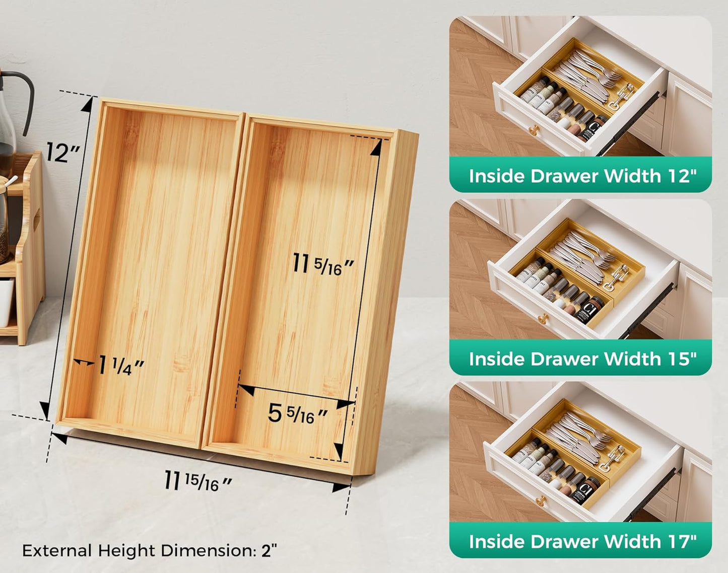 Bamboo Kitchen Drawer Organizer Set of 2, Stackable 15" x 6" Wood Silverware Utensil Tray for Drawers Bins, Cutlery & Flatware Storage – Wooden Boxes Organizers for Junk Drawer, Bathroom, RV