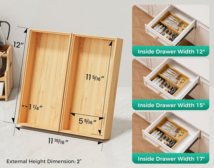 Bamboo Kitchen Drawer Organizer Set of 2, Stackable 15" x 6" Wood Silverware Utensil Tray for Drawers Bins, Cutlery & Flatware Storage – Wooden Boxes Organizers for Junk Drawer, Bathroom, RV