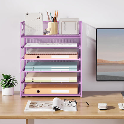 Subekyu 6 Tier Office File Paper Desk Tray Organizer with Handle, Stackable Slide Mesh Letter Tray Folder Blue Desk Organizer, Desktop Document Sorter for Classroom, Office, Home Supplies Storage