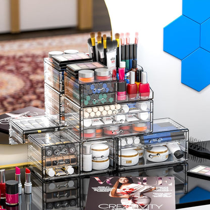 Acrylic Clear Makeup Organizer Countertop,Stackable Skincare Organizer for Vanity With 8 Drawers,Large Plastic Desk Accessories Organization,Bathroom Cosmetic Organizer Countertop for Beauty,Skin Care