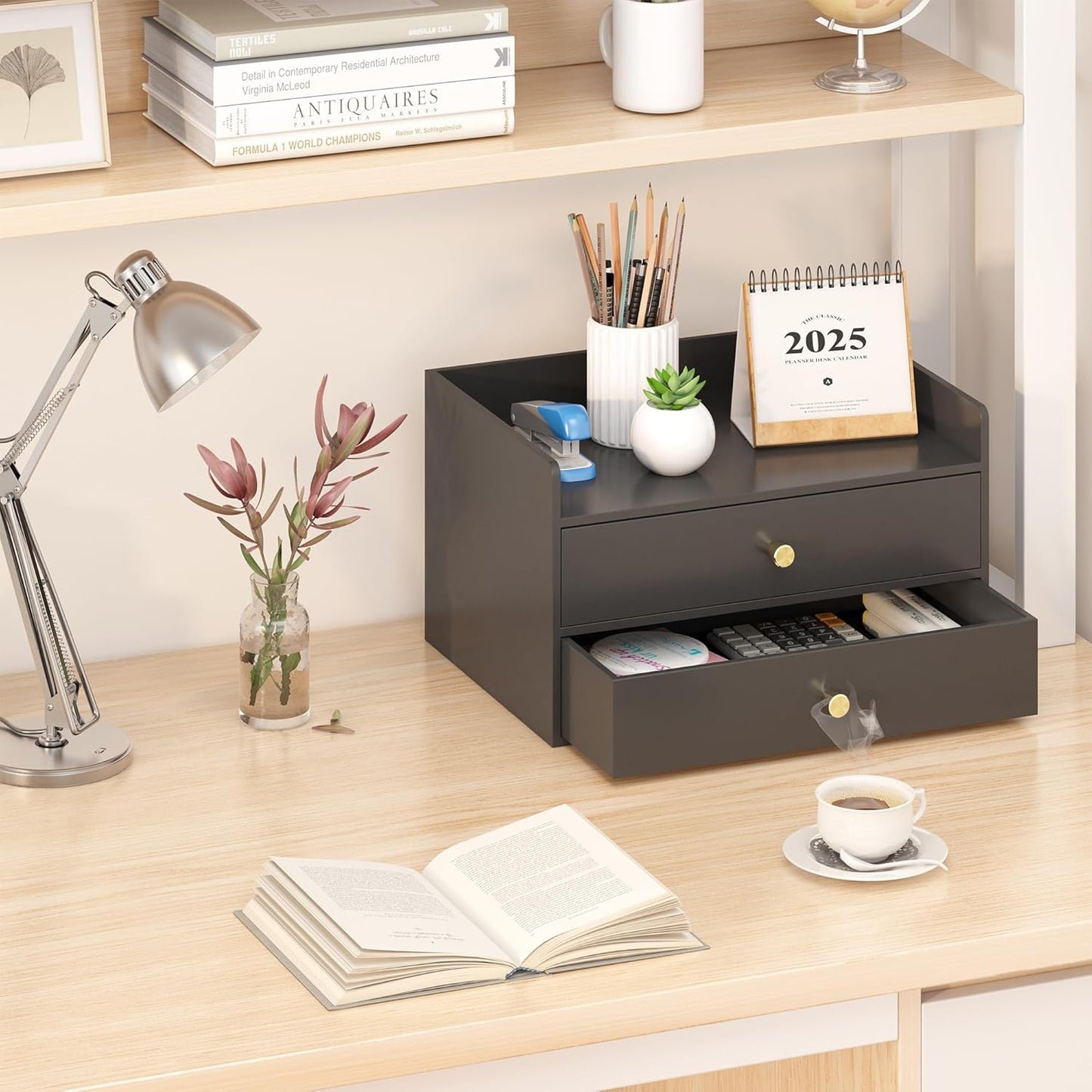 Bamboo Desk Organizer with Drawers Wooden Desktop Storage Organization Box for Bills Office Supplies Kitchen Utensils Organizing Tool for Home Classroom Vanity, No Assembly Required (3 Drawers, Black)