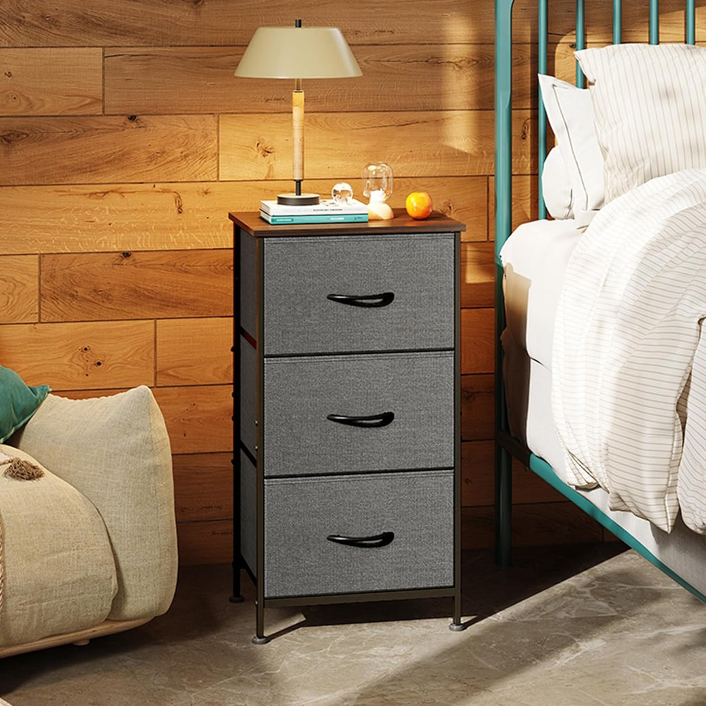 WLIVE Dresser with 3 Drawers, Fabric Nightstand, Cabinet with Wheels, Organizer Storage Dresser for Bedroom, Office, Entryway, Closets, Sturdy Steel Frame, Wood Top, Easy Pull Handle, White