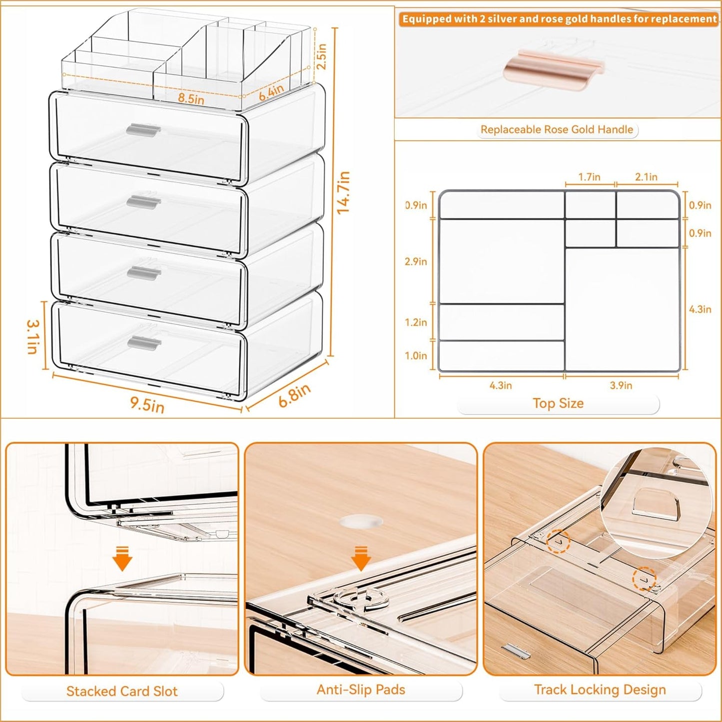 Yieach 3 Tier Clear Acrylic Makeup Organizers with Drawers,Tiered Countertop Make up Storage Organizer for Dresser Top and Bathroom Vanity,Plastic Makeup Stand for Brush,Skincare,Beauty Organizers