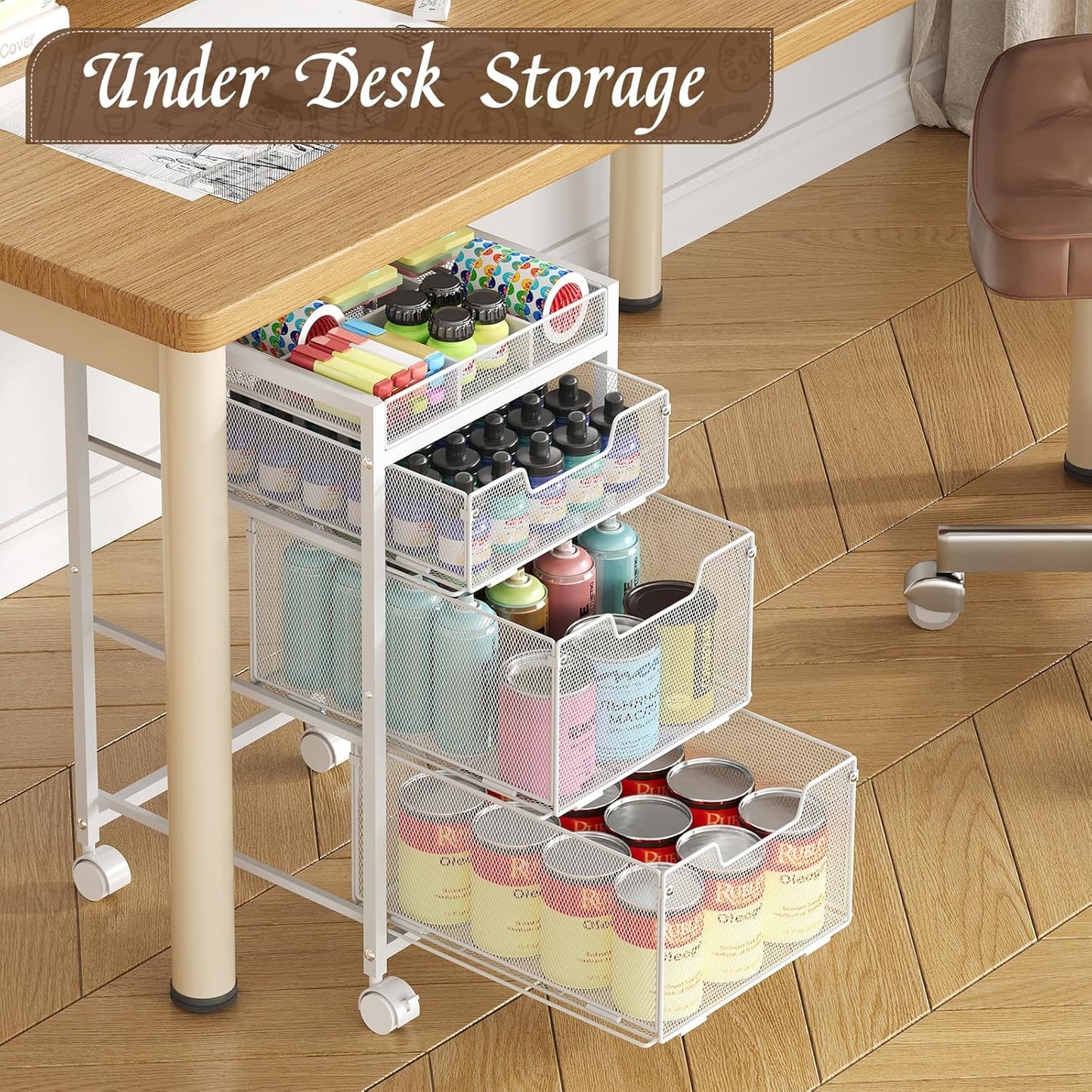 Rolling Utility Cart with 3 Drawers, Craft Organizer and Storage with DIY Divider, Lockable Wheels, Multi-Functional Storage for Art Supplies, Store for Brushes & Paints & Small Parts(Patent Pending)