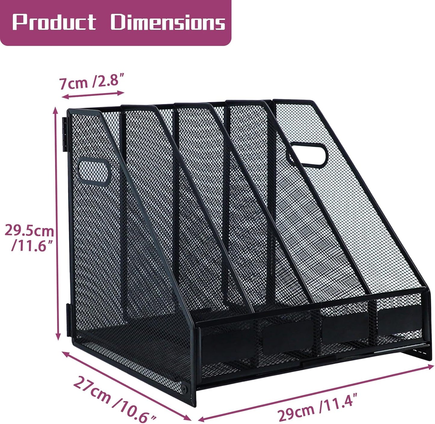 Desk Organizers, Metal Magazine File Holder with 5 Vertical Compartments Rack Binder File Organizer for Office Supplies, Home Workspace - Black