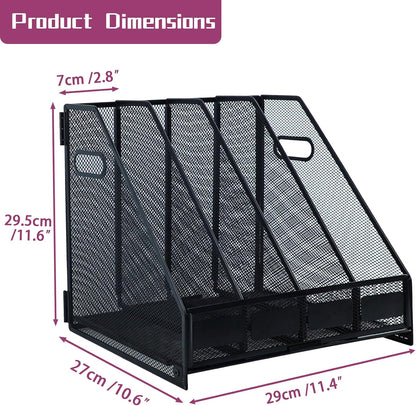 Desk Organizers, Metal Magazine File Holder with 5 Vertical Compartments Rack Binder File Organizer for Office Supplies, Home Workspace - Black