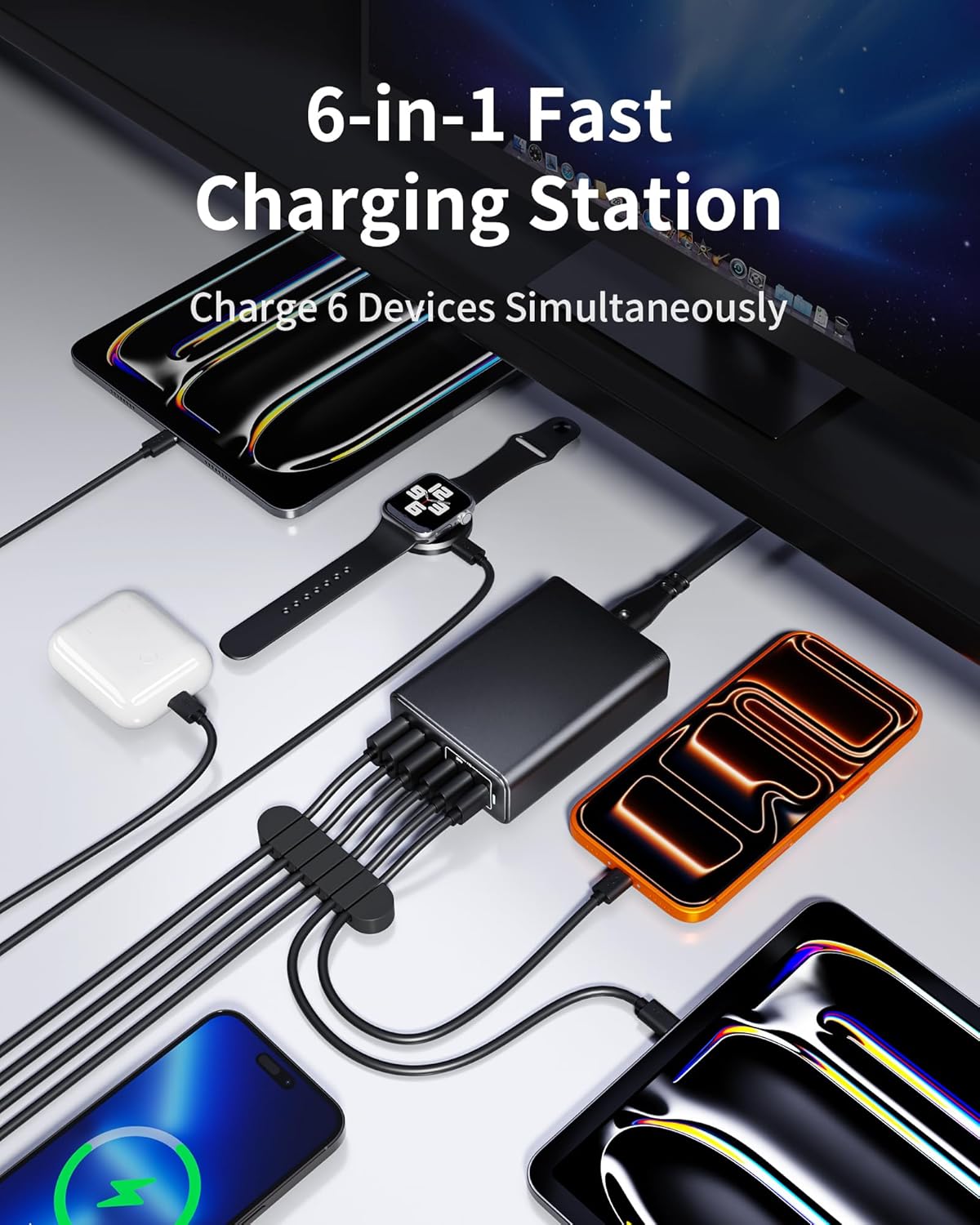 105W USB C Fast Charger, 6-Port Desktop GaN USB Charging Station Hub, USB C Charger Block Wall Charger for iPhone 17/16/15/14/13/12/11, iPad, Samsung and More (Cable Organizer Included)