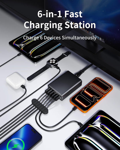 105W USB C Fast Charger, 6-Port Desktop GaN USB Charging Station Hub, USB C Charger Block Wall Charger for iPhone 17/16/15/14/13/12/11, iPad, Samsung and More (Cable Organizer Included)