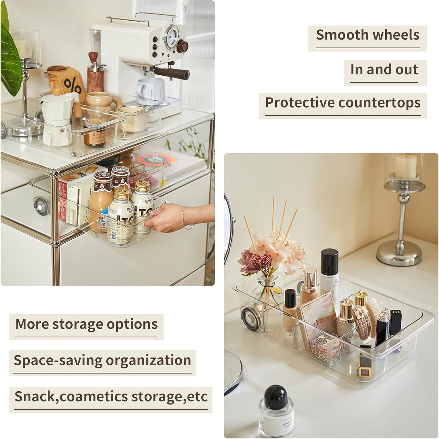 Attelite RollOut Refrigerator Drawer Organizer and Storage Clear Design with Dividers, Fridge Organizer on Wheels, Upgrade Thick Plastic Pantry Storage Bins, Kitchen Organization 2 Set