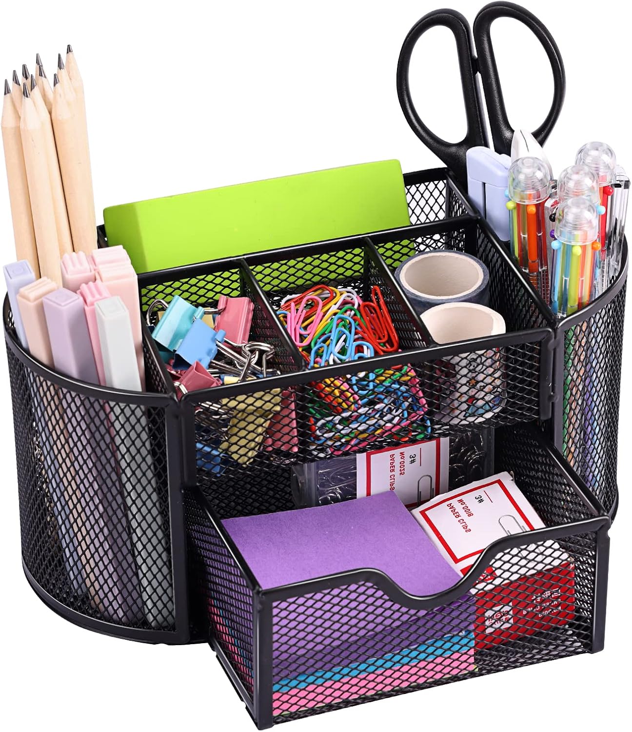 EOOUT Pink Desk Organizer, Pen Holder for Desk and Accessories, Mesh Desk Organizer with 8 Compartments and 1 Drawer for Office Home School Classroom