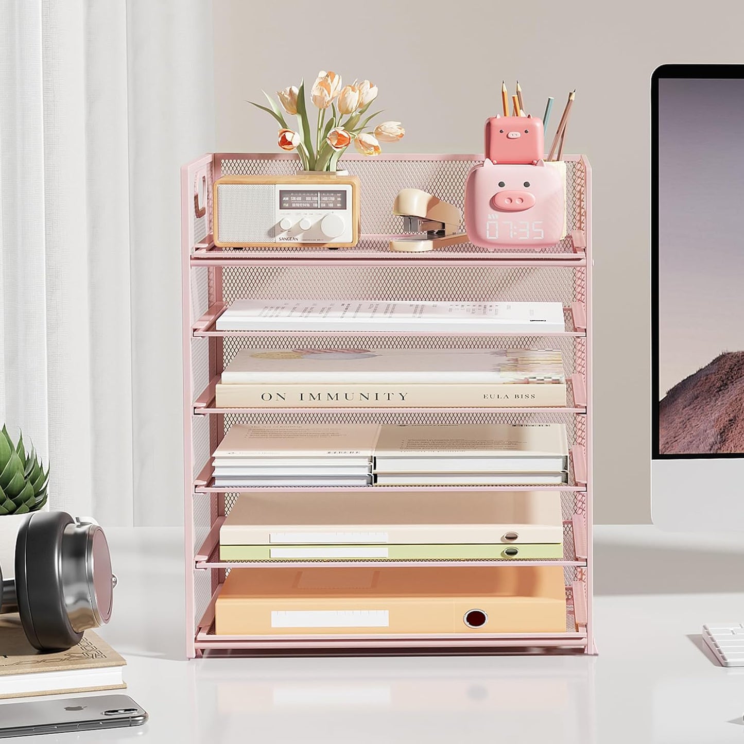 Subekyu 6 Tier Office File Paper Desk Tray Organizer with Handle, Stackable Slide Mesh Letter Tray Folder Blue Desk Organizer, Desktop Document Sorter for Classroom, Office, Home Supplies Storage