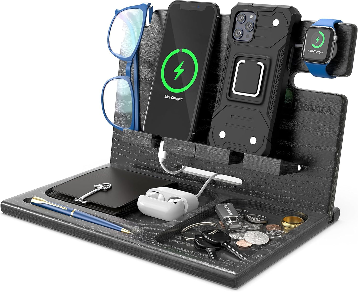 BarvA Two Phone Docking Station | Night Stand Desk Organizer | Wood Nightstand Organizer | Tablet Smart Watch Earbuds Charging Station | Upgraded Dresser Phone Stand | Bed Room Decor Gifts for Men