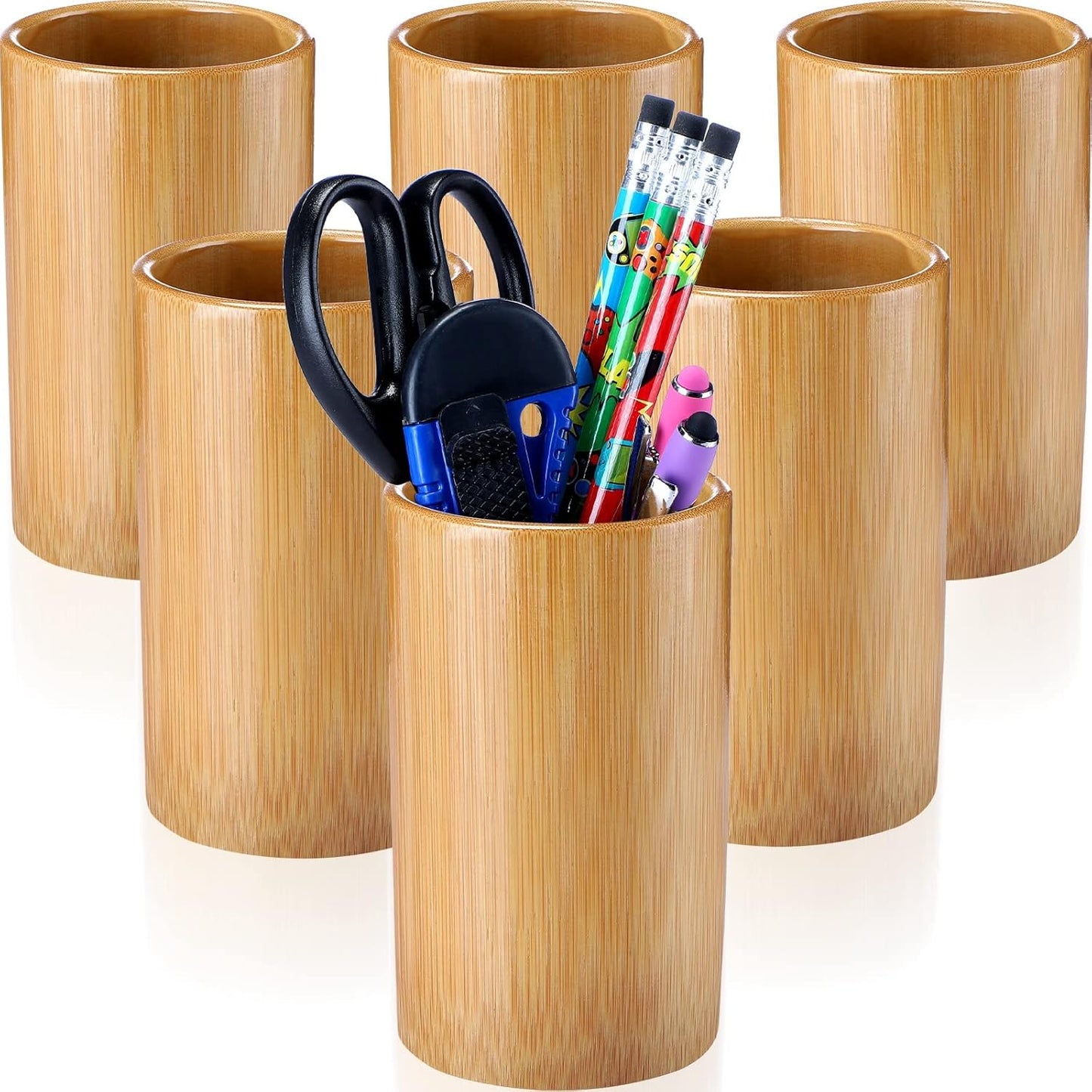 Zhehao 6 Pcs Bamboo Pen Holder Solid Wood Desk Pen Pencil Holder Stand Wooden Pencil Organizer for Desk Multi Purpose Use Cylindrical Cup Organizer for Home School Office Supplies