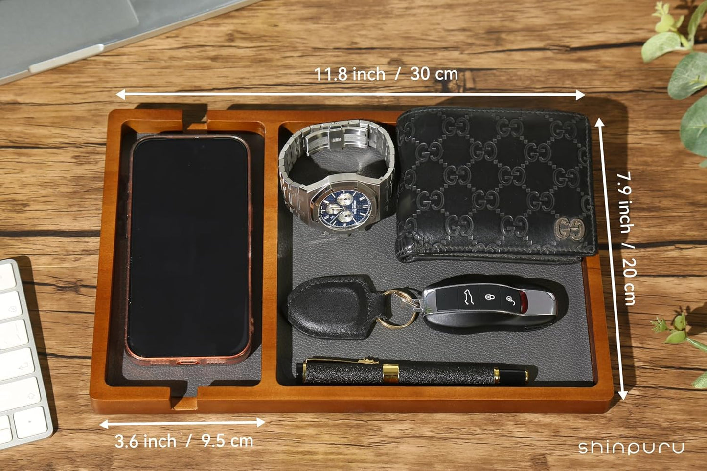 Shinpuru Wooden Valet Tray for Men, Nightstand Organizer with Leather Inlay, EDC Essentials Catchall Tray for Keys, Phone, Wallet, Watch, Earbuds - Bedside Desk Entryway Tray (Wood)