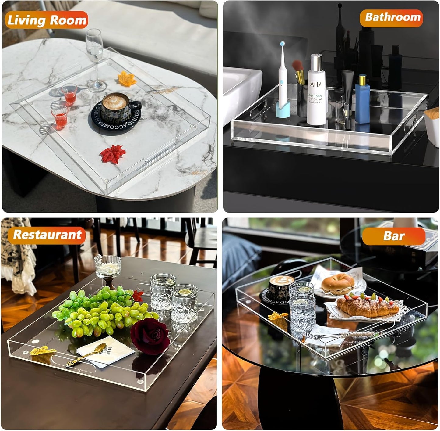 2 Pack Serving Tray with Handles, Clear Acrylic Tray for Serving Food, Large Outdoor Food Trays for Eating, Lucite Acrylic Trays for Appetizer, Pizza, Fruit and Drinks, Unbreakable, 16"×12"