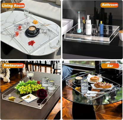 2 Pack Serving Tray with Handles, Clear Acrylic Tray for Serving Food, Large Outdoor Food Trays for Eating, Lucite Acrylic Trays for Appetizer, Pizza, Fruit and Drinks, Unbreakable, 16"×12"