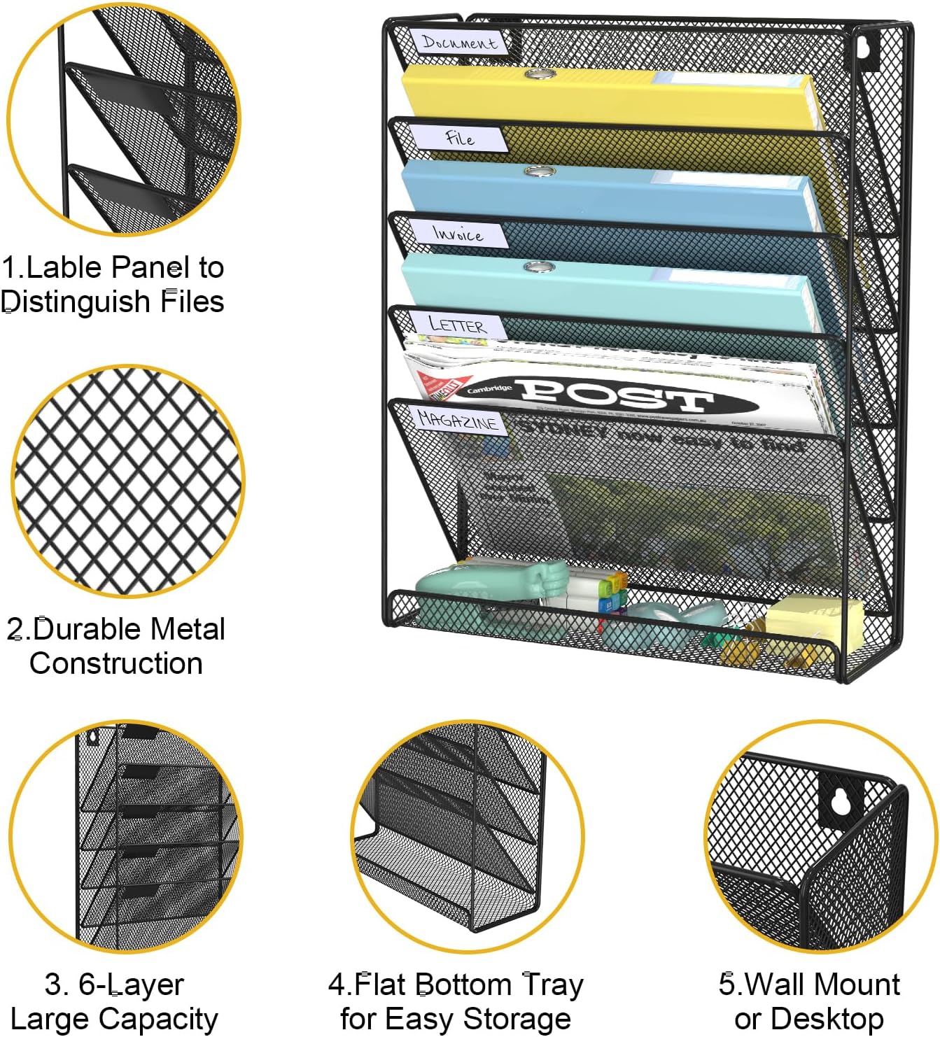BOHDK Hanging Folder Organizer Mesh 6 Tier, Wall File Organizer Hanging Paper Organizer, Wall Mount Mail Storage, Office Organization and Storage Rack for Home Office, Black