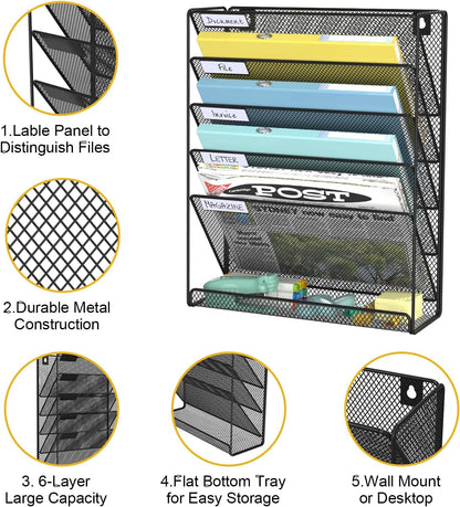 BOHDK Hanging Folder Organizer Mesh 6 Tier, Wall File Organizer Hanging Paper Organizer, Wall Mount Mail Storage, Office Organization and Storage Rack for Home Office, Black